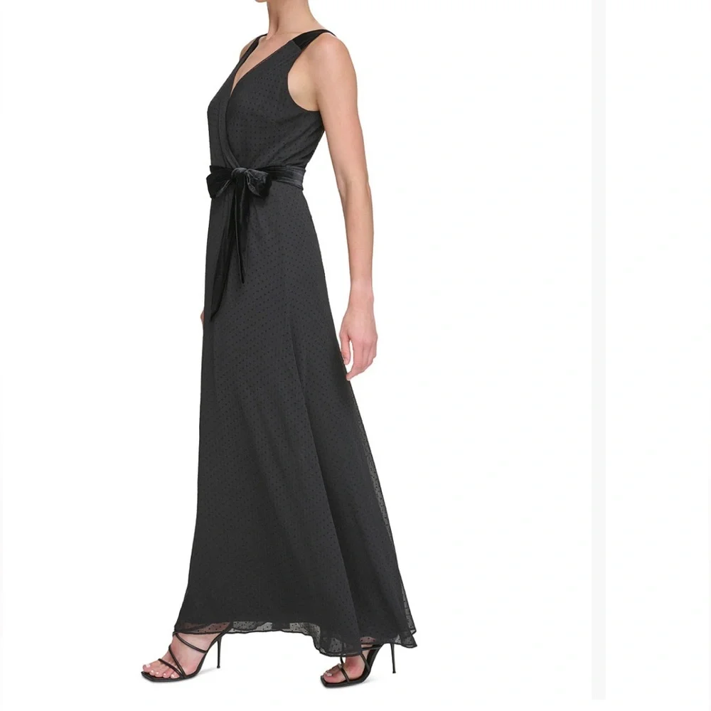 NWOT DKNY black faux wrap belted sleevless gown. Size 12. - Picture 3 of 5
